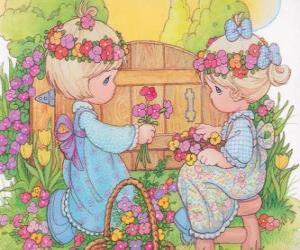 Puzzle Δύο κορίτσια συλλέγει άνθη. Precious Moments